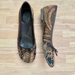 Iconic paisley print ballet flat brown black size 9.5 whimsigoth tapestry bow